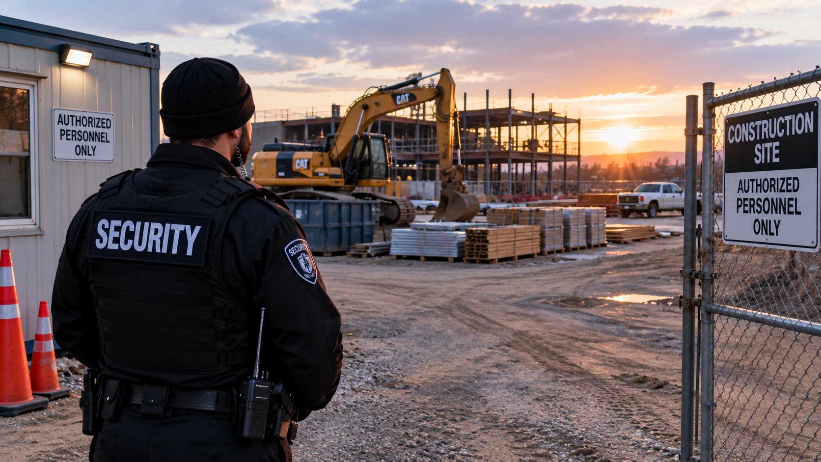 Security officer watching a construction site and equipment at golden hour